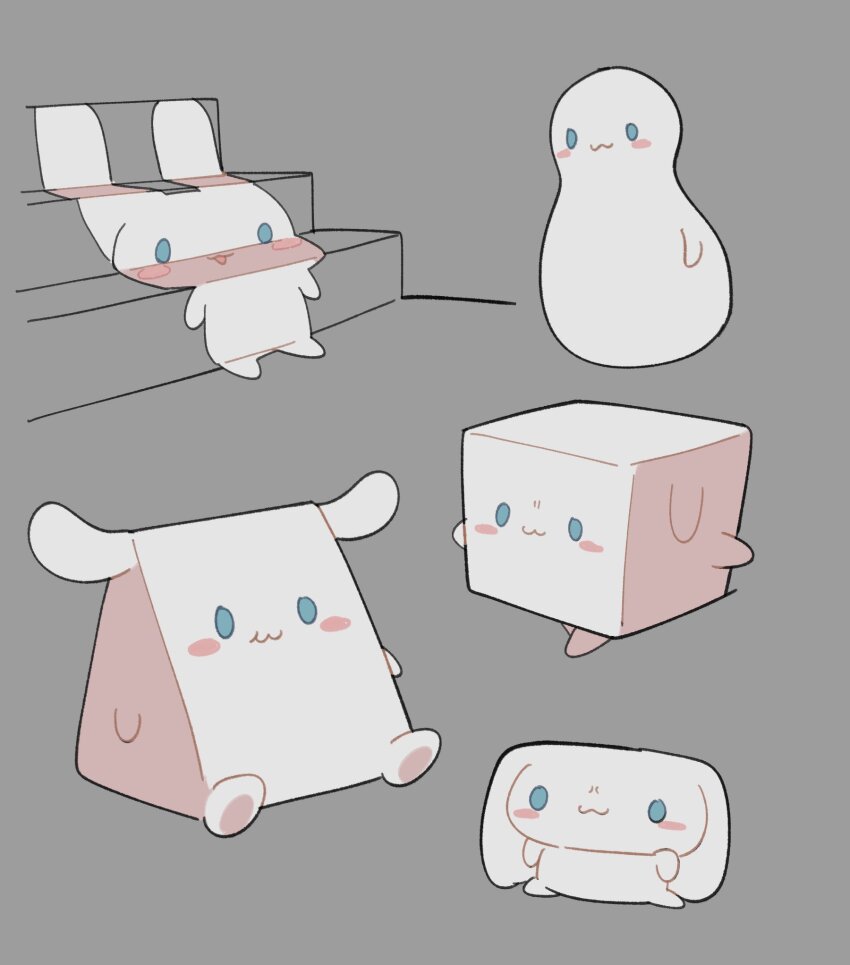:3 animal animal_focus blue_eyes blush_stickers cartoon_logic cinnamoroll cube cube_tom_(meme) dog flattened fuwa_fuwa_cinnamoroll grey_background highres meme multiple_views no_humans reimentyuru sanrio simple_background smile stairs tom_and_jerry triangle triangle_jerry_(meme) white_dog white_fur