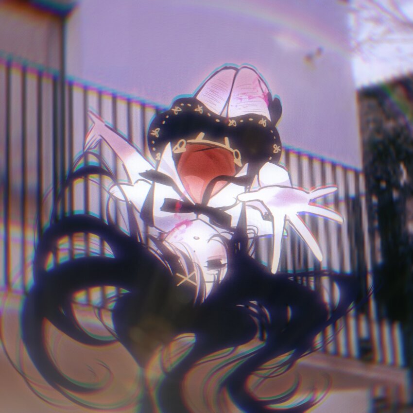 1girl ame-chan_(needy_girl_overdose) black_eyes black_hair black_ribbon black_skirt blood falling hair_ornament highres koharustuki long_hair neck_ribbon needy_girl_overdose parted_lips pink_blood red_shirt ribbon scar scar_on_leg self-harm self-harm_scar shirt skirt solo suspender_skirt suspenders twintails x_hair_ornament
