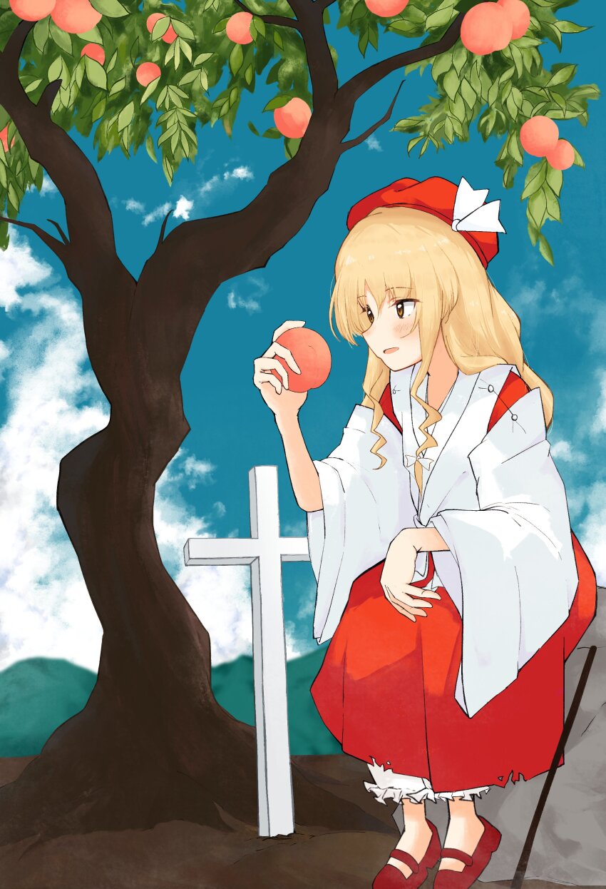 1girl absurdres blonde_hair bloomers blue_sky cloud cloudy_sky commentary_request detached_sleeves dolls_in_pseudo_paradise food fruit gohei graveyard hakama hakama_skirt hat hat_ribbon highres holding holding_food holding_fruit hourai_girl_(touhou) iyo_mamoru japanese_clothes kimono long_hair long_sleeves mary_janes no_socks outdoors parted_lips peach peach_tree pleated_skirt portrait_of_exotic_girls red_hakama red_hat red_shoes red_skirt ribbon shoes sidelocks sitting skirt sky solo tombstone touhou underwear white_bloomers white_kimono white_ribbon white_sleeves wide_sleeves yellow_eyes