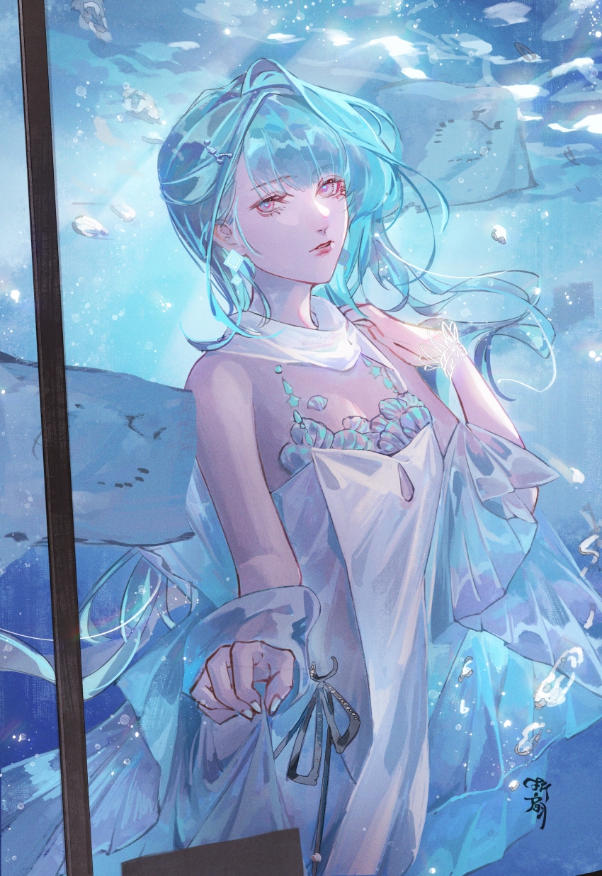 +\l.l./+_(path_to_nowhere) 1girl absurdres air_bubble aqua_hair aquarium bare_arms bare_shoulders breasts bubble chemise chinese_commentary clothes_lift commentary detached_collar detached_sleeves dress dress_lift earrings from_inside highres jewelry lips long_hair looking_at_viewer looking_to_the_side parted_lips path_to_nowhere pink_eyes shell shell_bikini signature small_breasts solo stingray underwater upper_body white_dress zheshanshan