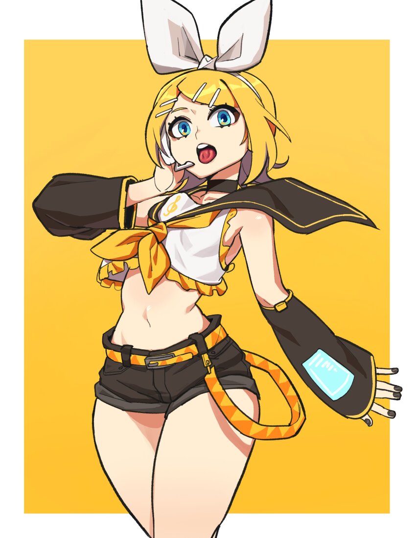 1girl absurdres belt black_arm_warmers black_choker black_nails black_sailor_collar black_shorts blonde_hair blue_eyes border breasts choker commentary crop_top hair_ornament hairband hairclip hand_on_own_cheek hand_on_own_face highres hyyun_ho kagamine_rin looking_at_viewer midriff navel neckerchief open_mouth orange_belt outside_border sailor_collar shirt short_hair short_shorts shorts sleeveless sleeveless_shirt small_breasts solo stomach suspenders_hanging teeth upper_teeth_only vocaloid white_border white_hairband white_shirt yellow_background yellow_neckerchief