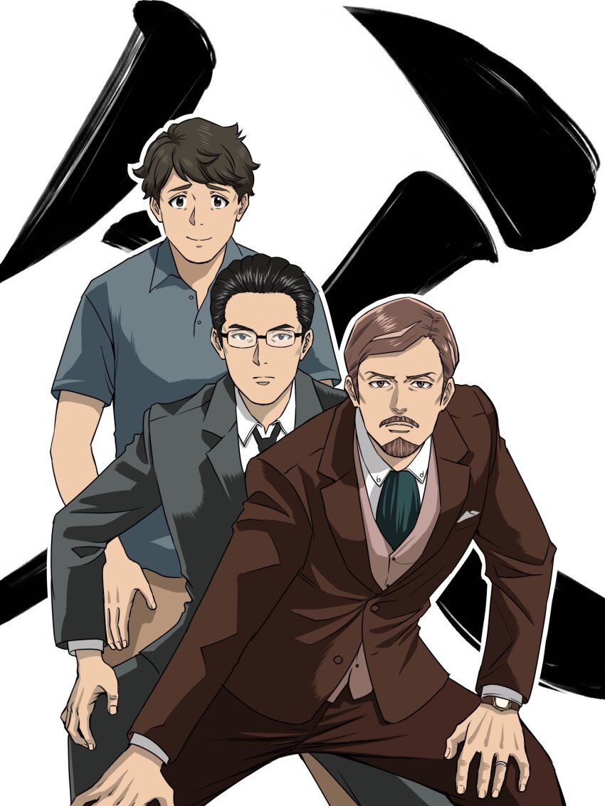 3boys beard black_hair black_necktie black_pants black_suit blue_shirt brown_eyes brown_hair brown_pants brown_suit choo_choo_train closed_mouth collared_shirt commentary_request facial_hair formal_clothes glasses hakozaki_serika&#039;s_father hands_on_own_knees highres idolmaster idolmaster_million_live! jewelry kasuga_mirai&#039;s_father_(idolmaster) looking_at_viewer male_focus matcha_kingyo mogami_shizuka&#039;s_father_(idolmaster) multiple_boys mustache necktie pants ring shirt short_hair simple_background suit watch white_background wristwatch