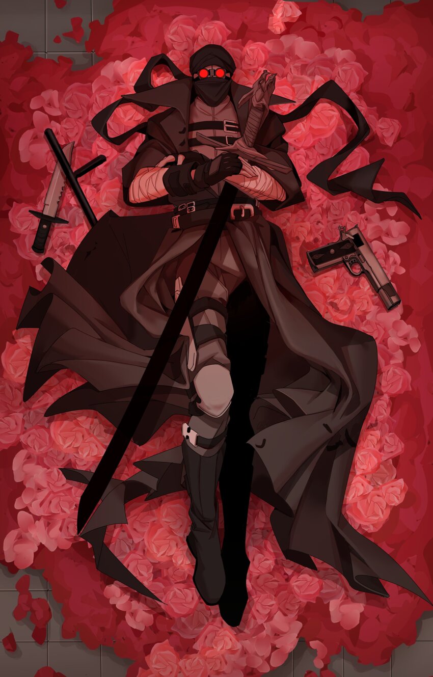1boy absurdres bandaged_arm bandages bandana baton_(weapon) bed_of_roses belt belt_buckle black_bandana black_boots black_mask boots buckle chest_belt colored_skin combat_knife crossed_arms dragon fingerless_gloves floor flower from_above full_body gababa gloves goggles grey_pants grey_skin gun handgun hank_j._wimbleton highres holding holding_sword holding_weapon knee_pads knee_up knife lying m1911 madness_combat male_focus mask mouth_mask multiple_belts on_back pants pink_flower pink_rose red_flower red_rose rose sheath sheathed solo sword three-quarter_sleeves tile_floor tiles weapon