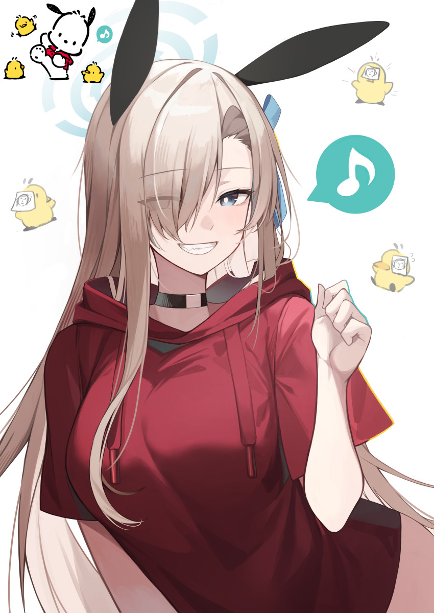 1girl absurdres alternate_costume animal_ears asuna_(blue_archive) black_choker blue_archive blue_eyes breasts choker eighth_note eyes_visible_through_hair fake_animal_ears grin hair_over_one_eye hair_ribbon halo highres hood hood_down hoodie large_breasts long_hair looking_at_viewer musical_note pochacco rabbit_ears red_hoodie ribbon short_sleeves siwa_(st_ekfrlfkep) smile solo spoken_musical_note teeth upper_body