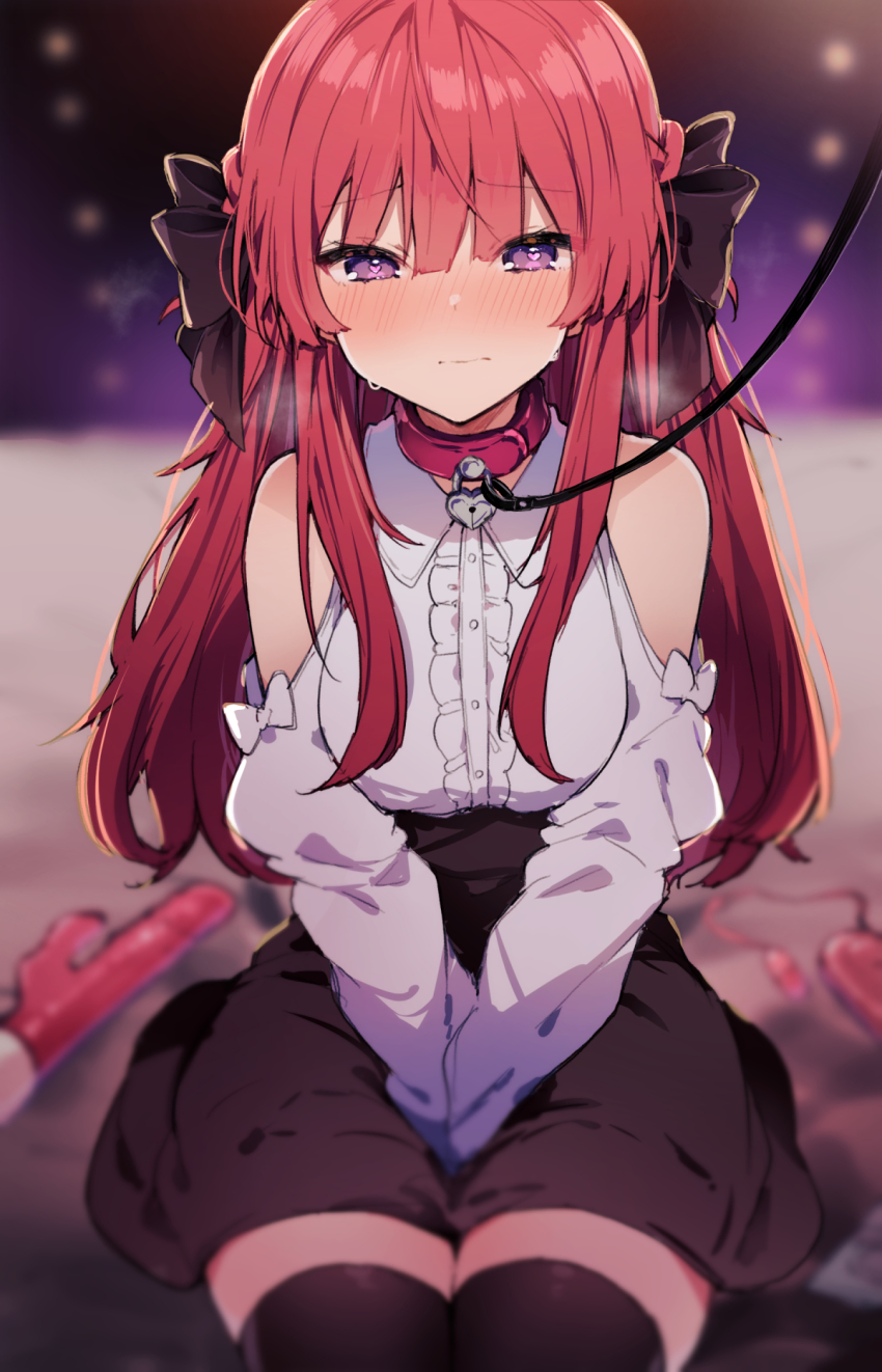 1girl :| anna_(ikeuchi_tanuma) bare_shoulders bdsm belt_collar between_legs black_skirt black_thighhighs blouse blunt_bangs blurry blurry_background blush bow breasts brown_bow closed_mouth clothing_cutout collar commentary_request depth_of_field dildo full-face_blush hair_between_eyes hair_bow hand_between_legs heart heart-shaped_pupils high-waist_skirt highres ikeuchi_tanuma leash lock long_hair looking_at_viewer medium_breasts nose_blush original padlock padlocked_collar parted_lips pet_play purple_eyes red_hair revision sex_toy shirt shoulder_cutout sidelocks skirt slave solo steam sweat symbol-shaped_pupils thighhighs viewer_holding_leash white_shirt