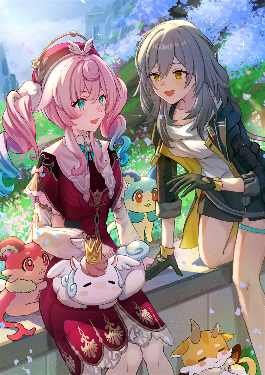 2girls animal animal_on_lap aqua_eyes aqua_hair beret black_gloves black_jacket black_skirt blue_horns breasts chimera_(honkai:_star_rail) commentary_request crown dress gloves grass grey_hair hat highres honkai:_star_rail honkai_(series) horns hyacine_(honkai:_star_rail) isome jacket medium_hair multicolored_hair multiple_girls on_lap open_mouth pink_hair red_dress shirt sitting skirt small_breasts smile stelle_(honkai:_star_rail) thigh_strap trailblazer_(honkai:_star_rail) twintails two-tone_hair white_shirt yellow_eyes