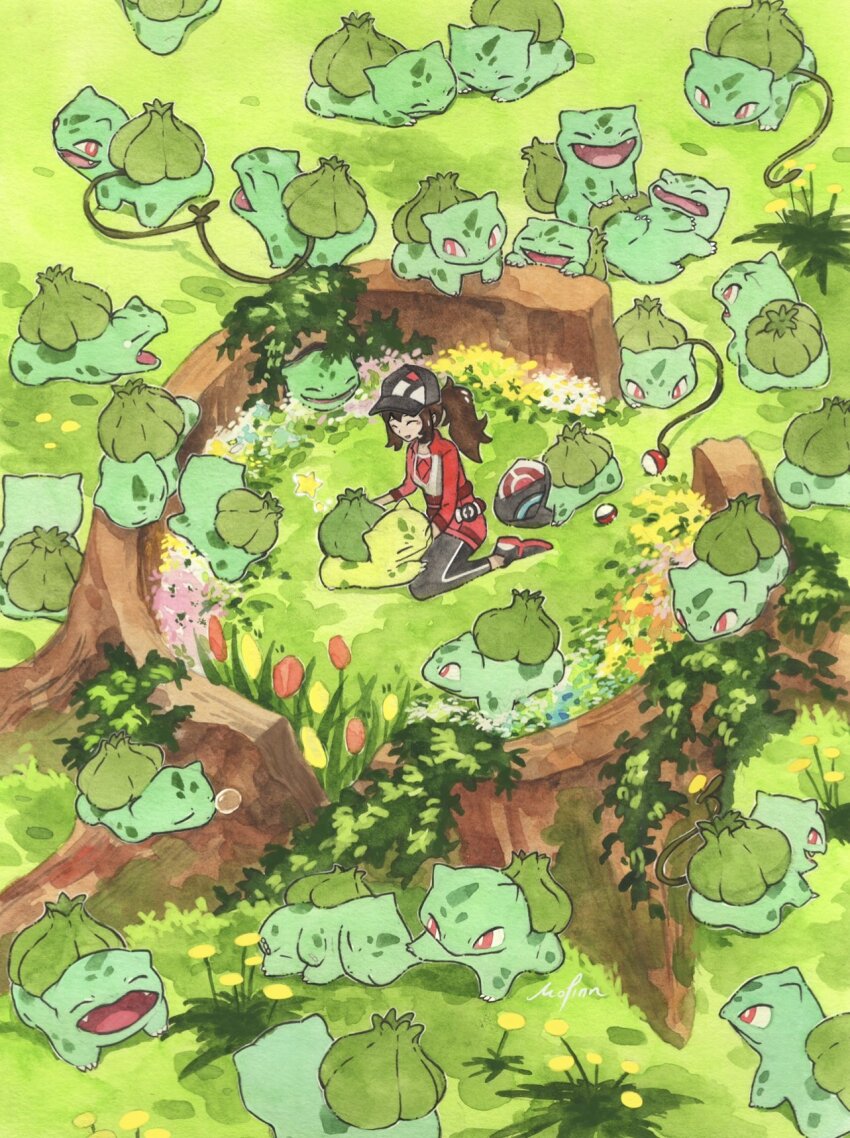 1girl baseball_cap brown_hair bulbasaur closed_eyes closed_mouth day female_protagonist_(pokemon_go) flower gen_1_pokemon hat highres kneeling long_hair mofinngram nintendo nose_bubble open_mouth outdoors painting_(medium) petting poke_ball pokemon pokemon_(creature) pokemon_go ponytail red_eyes red_flower red_shirt shirt sleeping smile traditional_media tree_stump tulip watercolor_(medium) yawning yellow_flower