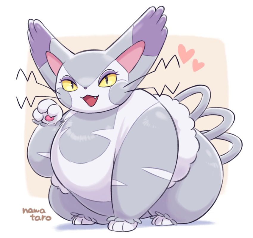 animal_focus cat commentary_request fang fat full_body gen_4_pokemon gomuhimo_(nawataro) heart looking_at_viewer nintendo no_humans open_mouth paw_pose pawpads pokemon pokemon_(creature) purugly sitting slit_pupils tail whiskers yellow_eyes