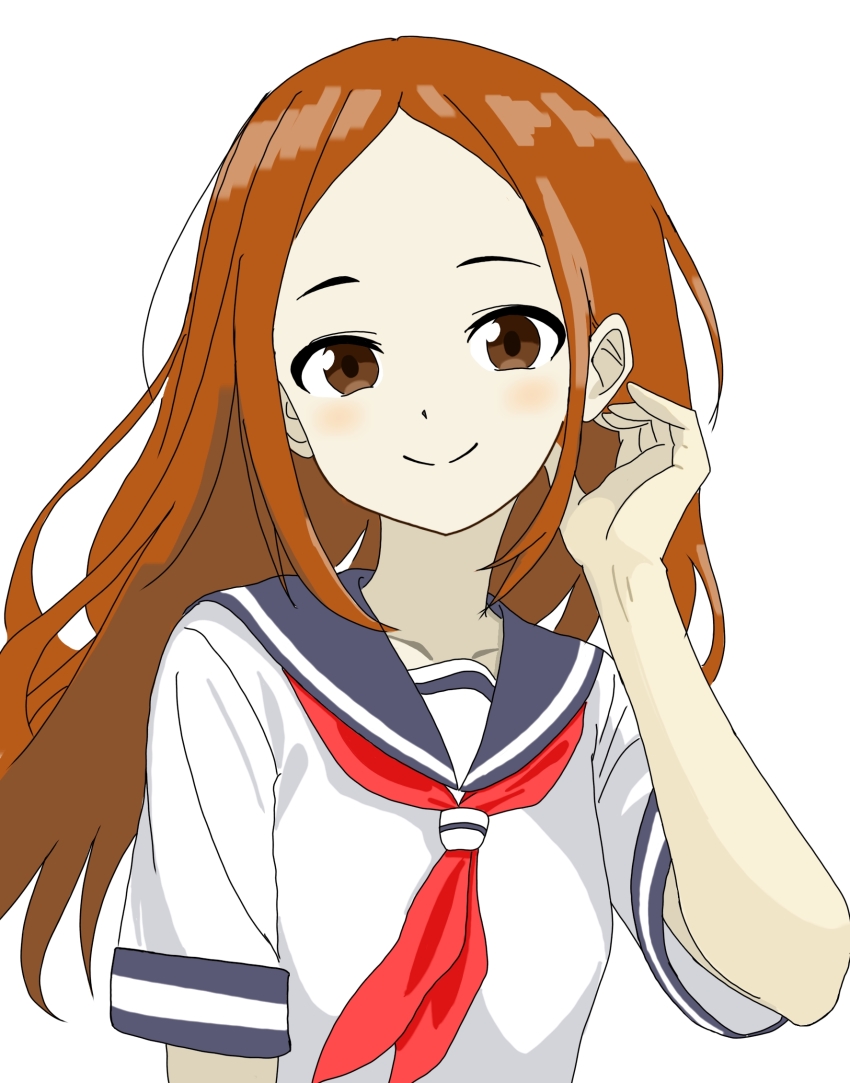 1girl black_sailor_collar bone_namu(namu49850) brown_eyes brown_hair commentary_request forehead highres karakai_jouzu_no_takagi-san long_hair neckerchief red_neckerchief sailor_collar school_uniform serafuku short_sleeves smile solo takagi-san upper_body