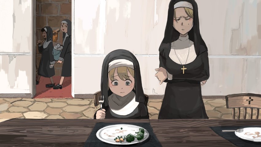 4girls ^_^ annoyed baseball baseball_bat baseball_glove blonde_hair blue_eyes blush broccoli bucket carrot chair closed_eyes clumsy_nun_(diva) cross cross_necklace crossed_arms diva_(hyxpk) fork glasses glasses_nun_(diva) habit highres indoors jewelry little_nuns_(diva) looking_at_another mole mole_under_eye multiple_girls necklace nun original peas plate round_eyewear running_bond sitting slice_of_life standing stone_floor stone_wall strict_nun_(diva) table traditional_nun walking wall