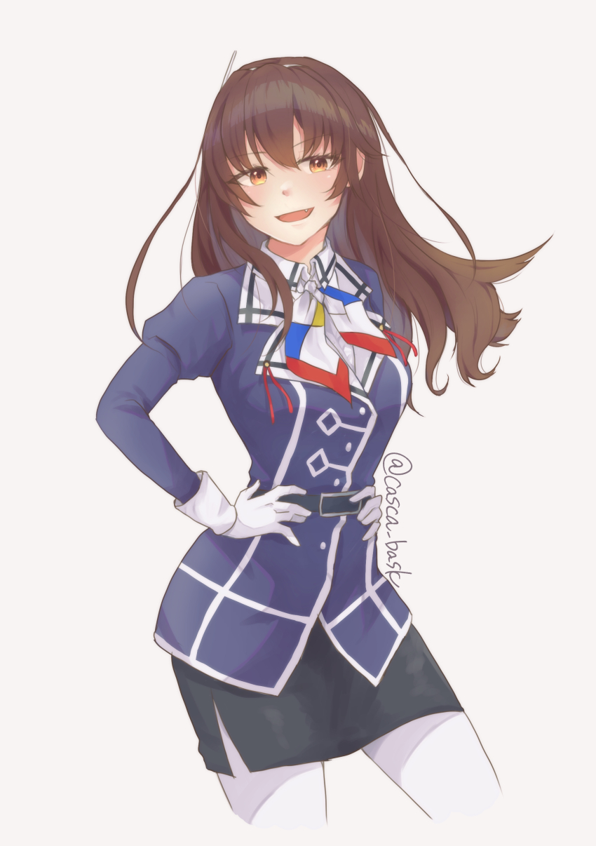 1girl absurdres ascot ashigara_(kancolle) ashigara_kai_ni_(kancolle) black_skirt blush breasts brown_eyes brown_hair casca_(casca_bask) fake_horns gloves hairband hands_on_own_hips headgear highres horned_headwear horns jacket kantai_collection long_hair long_sleeves looking_at_viewer medium_breasts military_uniform multicolored_ascot multicolored_neckerchief neckerchief necktie open_mouth pantyhose pencil_skirt print_neckerchief purple_jacket simple_background skirt smile solo wavy_hair white_background white_gloves white_hairband white_pantyhose