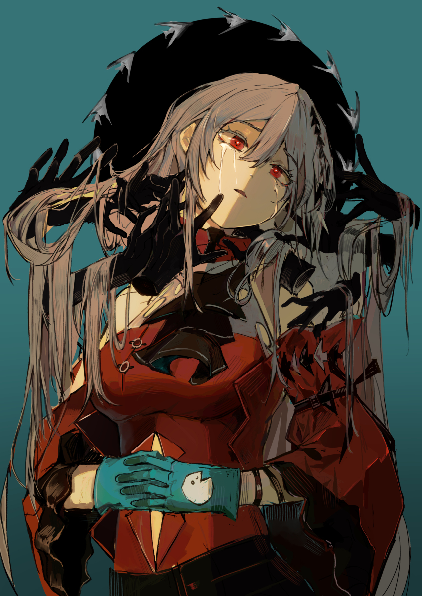 1girl absurdres angelfish aqua_background aqua_gloves arknights ascot bare_shoulders black_ascot black_circle breasts clothing_cutout crying dark_skin detached_sleeves disembodied_hand dress fingers_on_another&#039;s_face fish gloves grabbing_another&#039;s_hair gradient_background grey_hair hair_between_eyes hand_on_another&#039;s_face highres jinfeng0430 long_hair long_sleeves medium_breasts navel_cutout off-shoulder_dress off_shoulder official_alternate_costume open_mouth reaching red_dress red_eyes red_sleeves shadow skadi_(arknights) skadi_the_corrupting_heart_(arknights) solo tears upper_body very_dark_skin very_long_hair