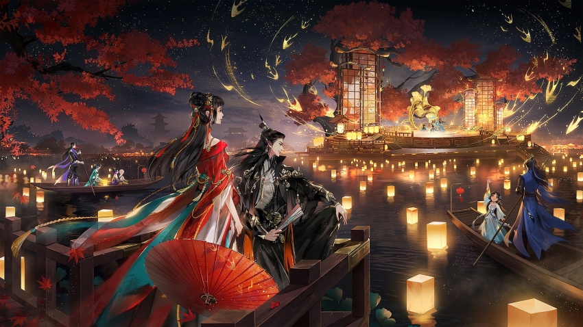 4boys 6+girls aqua_hanfu architecture arm_up asian autumn bald bird black_coat black_hair black_shirt blue_hanfu blue_ribbon blunt_bangs boat character_request child chinese_clothes chinese_commentary cloud coat collared_coat commentary_request dancing east_asian_architecture expressionless flock flower folded_fan folding_fan from_behind from_side hair_flower hair_ornament hair_ribbon hand_fan hanfu happy high_collar highres holding holding_fan holding_oar holding_umbrella lake lantern layered_sleeves light_particles long_hair long_sleeves looking_at_another multiple_boys multiple_girls oar oil-paper_umbrella outdoors paper_lantern parted_lips pointy_ears purple_hanfu red_hanfu red_umbrella reflection reflective_water ribbon rowing shirt stage stairs standing swallow_(bird) thick_eyebrows topknot town tree twilight umbrella very_long_hair watercraft waving white_flower white_hanfu wide_sleeves ye_dian_pikaqiu yi_meng_jianghu