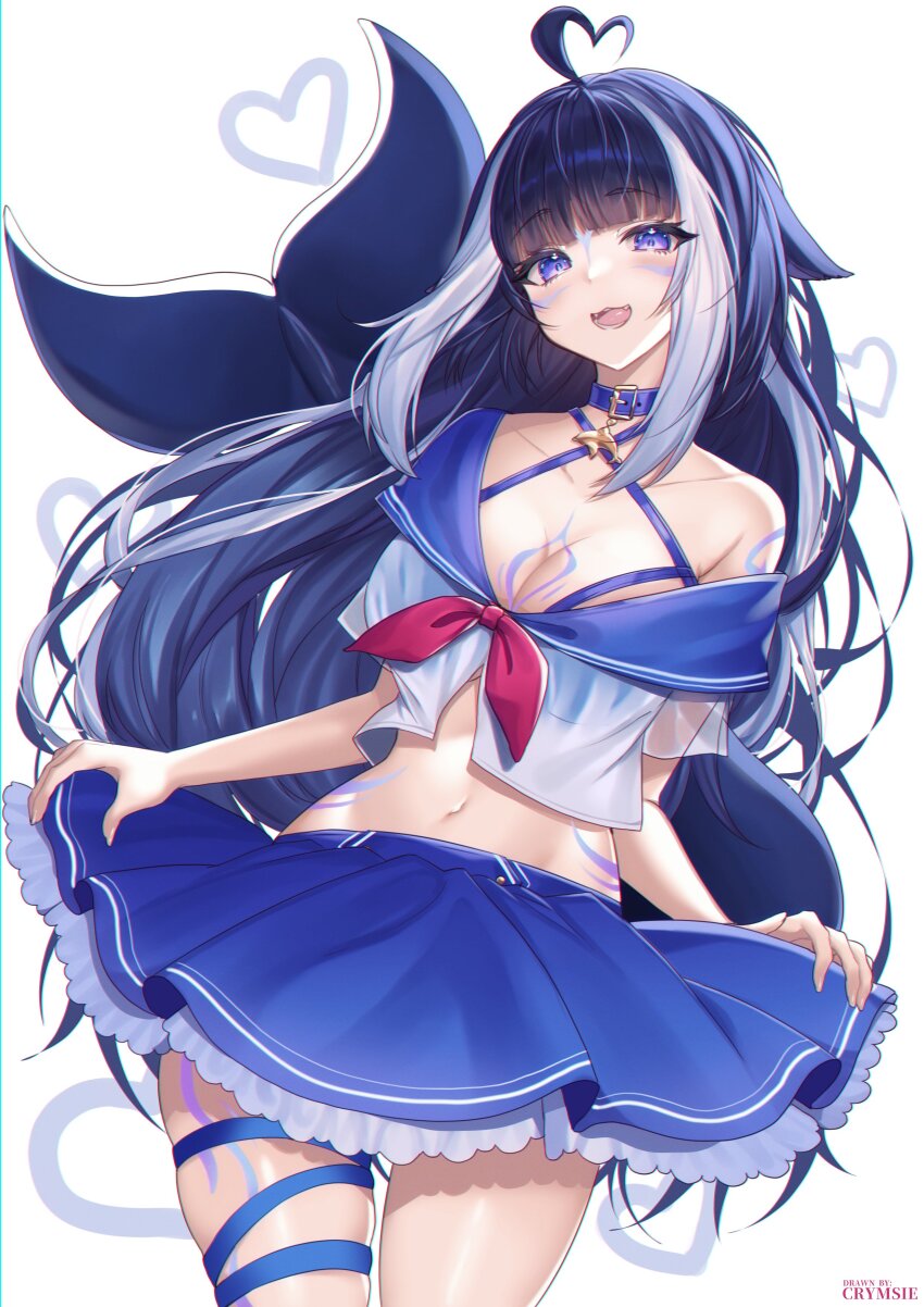 1girl :3 :d absurdres ahoge animal_ears belt_collar bikini bikini_under_clothes blue_collar blue_hair blue_skirt blunt_bangs body_markings breasts cetacean_tail cleavage clothes_lift collar cropped_shirt crymsie facial_mark fins fish_tail halterneck heart heart_ahoge highres indie_virtual_youtuber large_breasts lifting_own_clothes long_hair looking_at_viewer multicolored_hair navel open_mouth orca_girl purple_eyes school_uniform serafuku shirt shylily shylily_(1st_costume) sidelocks skirt skirt_lift smile streaked_hair swimsuit tail thigh_strap virtual_youtuber white_background white_hair white_serafuku white_shirt