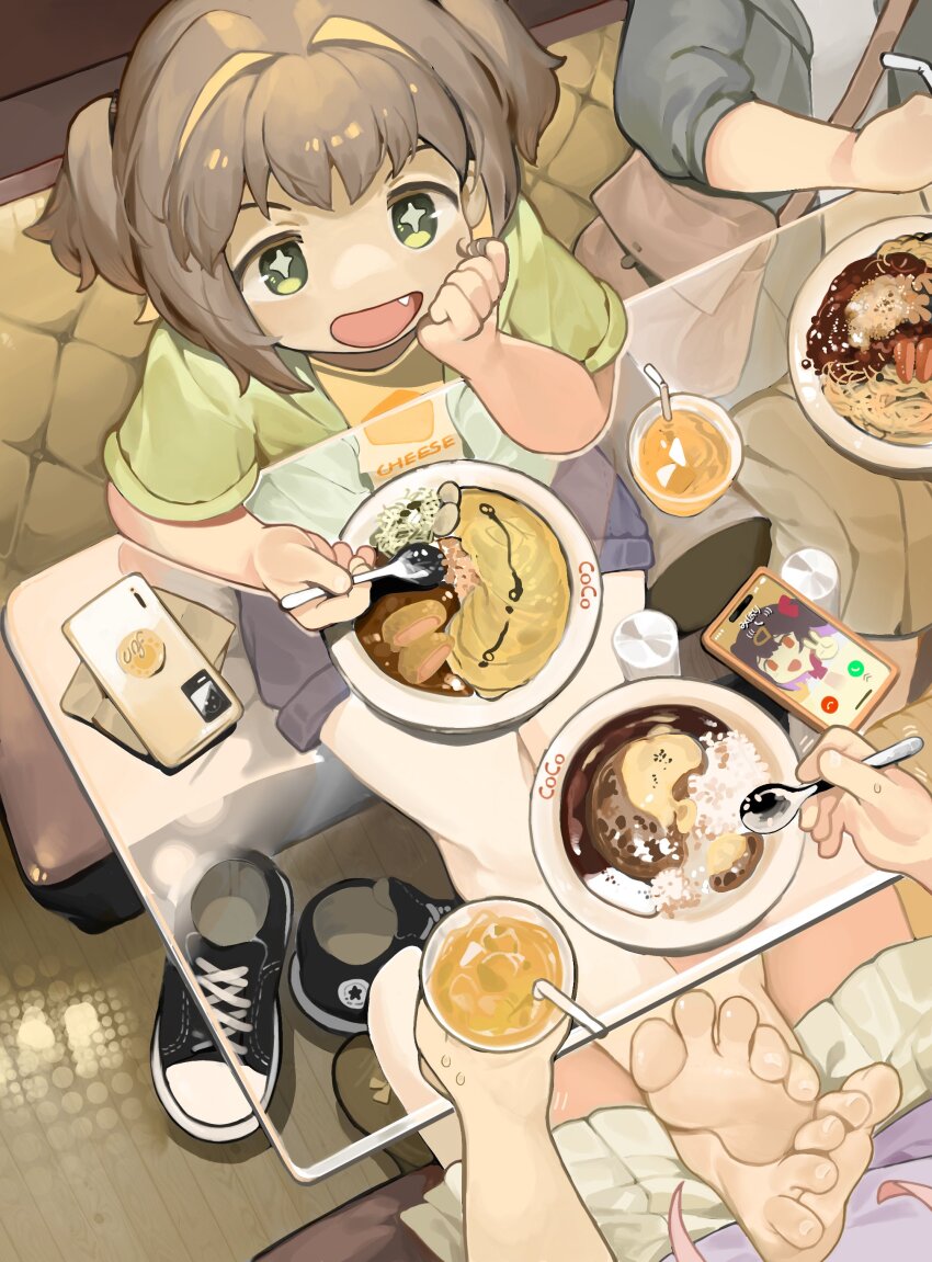 3girls absurdres bag bare_legs barefoot blue_shorts brown_bag brown_hair brown_skirt cellphone character_request cross-shaped_pupils cup drink drinking_straw fang feet food green_eyes green_jacket highres holding holding_spoon jacket medium_skirt menthako multiple_girls oka_asahi onii-chan_wa_oshimai! open_mouth oyama_mihari phone plate shirt shoes unworn_shoes short_hair short_shorts short_sleeves shorts shoulder_bag skirt smartphone soles spoon symbol-shaped_pupils toes two_side_up yellow_shirt