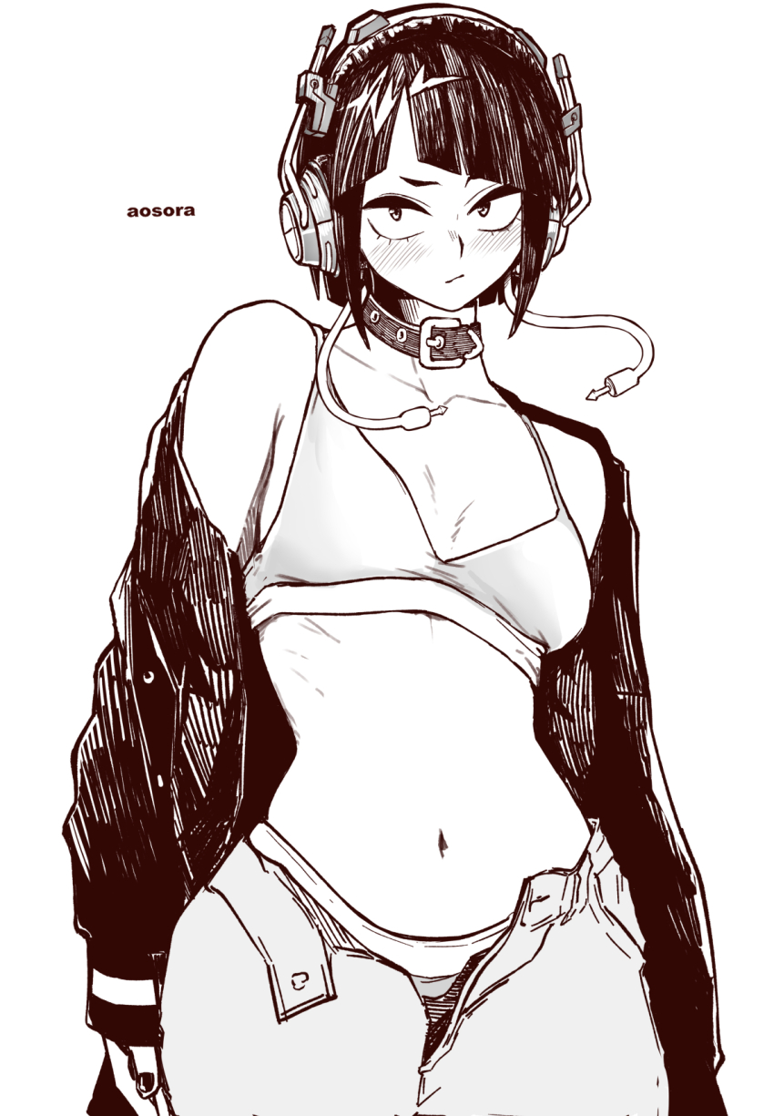 1girl aosora2823 artist_name audio_jack blush boku_no_hero_academia breasts choker collarbone headphones highres jacket jiro_kyoka jiro_kyoka long_earlobes monochrome nail_polish navel off-shoulder_jacket off_shoulder open_fly panties panty_peek short_hair small_breasts sports_bra underwear