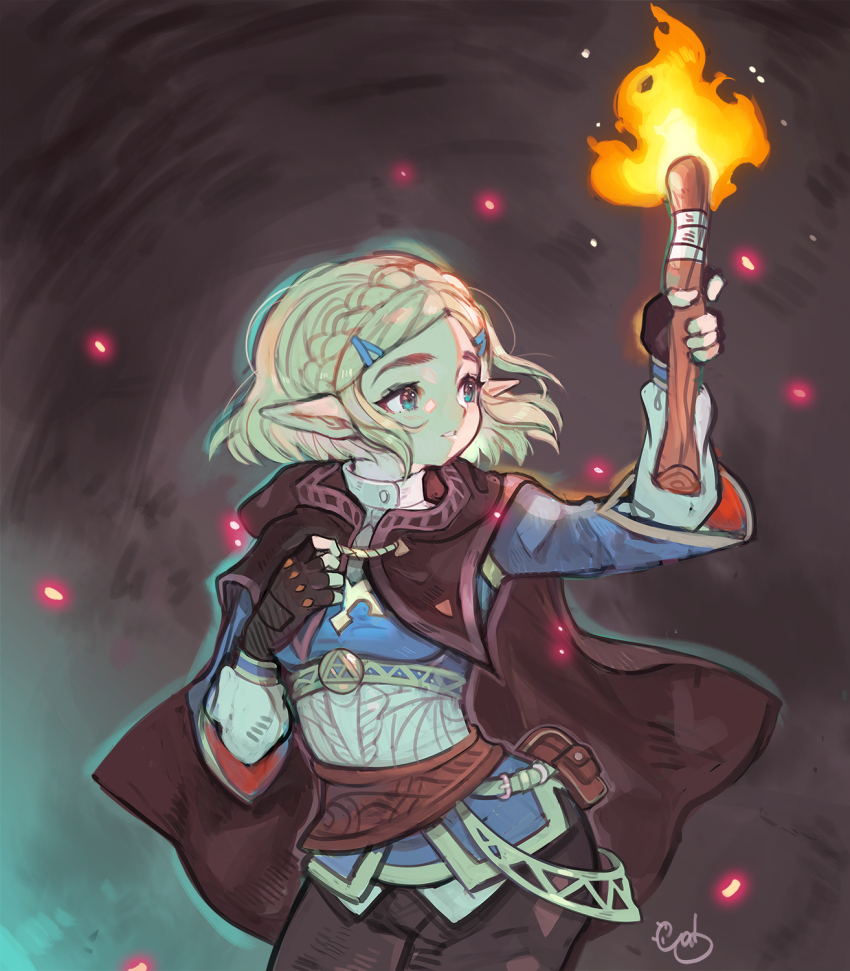1girl alpaca_carlesi black_cloak black_gloves black_pants blue_eyes blue_shirt braid breasts cloak commentary cowboy_shot embers english_commentary fingerless_gloves fire gloves hair_ornament hairclip highres holding holding_torch looking_back medium_breasts nintendo pants parted_bangs parted_lips pointy_ears princess_zelda shirt short_hair sidelocks signature solo the_legend_of_zelda the_legend_of_zelda:_tears_of_the_kingdom torch