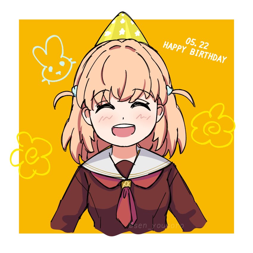 1girl :d ^_^ blush border breasts brown_dress closed_eyes commentary cropped_torso dated dress facing_viewer flower_symbol hair_intakes hair_ornament hanamaru happy_birthday hasu_no_sora_school_uniform highres hinoshita_kaho link!_like!_love_live! long_sleeves love_live! medium_breasts neckerchief open_mouth orange_background orange_hair rabbit_hair_ornament red_neckerchief sailor_collar sailor_dress school_uniform sen_yousoro smile solo teeth two_side_up upper_teeth_only virtual_youtuber white_border white_sailor_collar winter_uniform