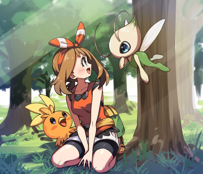 1girl :d bare_shoulders black_shorts bow brown_hair celebi collarbone fanny_pack forest gen_2_pokemon gen_3_pokemon grass grey_eyes hair_bow highres kneeling legendary_pokemon looking_at_viewer may_(pokemon) mythical_pokemon nature nintendo on_grass open_mouth pokemon pokemon_(creature) pokemon_oras red_shirt shirt shorts sleeveless sleeveless_shirt smile torchic tree yuihico