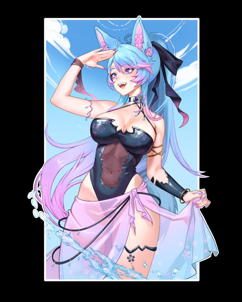 1girl ahoge animal_ears bangle black_leotard black_ribbon blue_hair blue_nails blue_sarong blue_sky boshke bracelet breasts cleavage cloud covered_navel floral_print_leotard floral_print_sarong gamer_supps gradient_hair gradient_nails gradient_sarong hair_ribbon hand_up highres indie_virtual_youtuber jewelry leotard multicolored_hair open_mouth pink_hair pink_nails pink_sarong purple_eyes ribbon sarong see-through_clothes see-through_leotard silvervale sky solo water wolf_ears wolf_girl