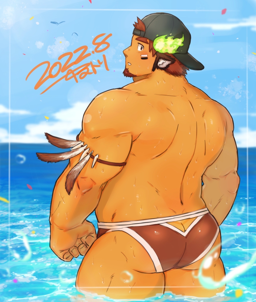 1boy animal_ears ass back backwards_hat bara brown_hair brown_male_swimwear butt_crack cloud cow_boy cow_ears cow_horns crotch_cutout dark-skinned_male dark_skin day eye_black facial_hair fiery_horns forked_eyebrows glowing_horns goatee hat highres horns male_focus male_swimwear muscular muscular_male outdoors short_hair sky solo swim_briefs tokyo_houkago_summoners topless_male wakan_tanka water yanutorie