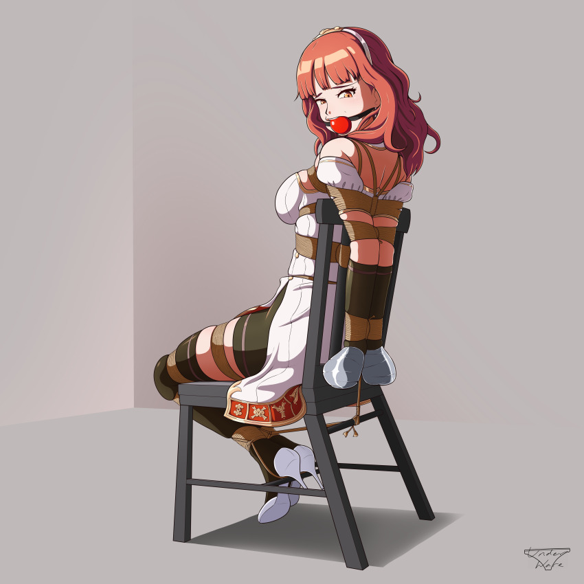 1girl absurdres arms_behind_back ball_gag bdsm bondage bound breasts celica_(fire_emblem) chair fire_emblem fire_emblem_echoes:_shadows_of_valentia gag gagged highres looking_back medium_breasts nintendo restrained shibari solo taped_fingers taped_hands tied_to_chair tied_up_(nonsexual) underware