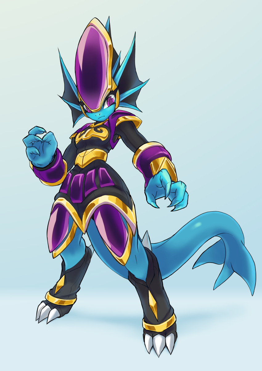 &gt;:( 1girl 2016 absurdres armor black_bodysuit blue_skin bodysuit breasts claws colored_skin digitigrade fins fish fish_girl fish_tail freedom_planet freedom_planet_2 furry head_fins highres krita_(medium) medium_breasts merga non-web_source purple_eyes simple_background standing tail tyson_tan v-shaped_eyebrows water_dragon