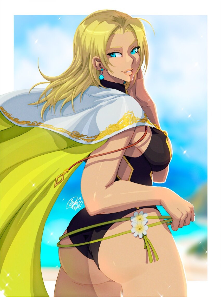 absurdres ass beach blonde_hair blue_eyes breasts cape earrings fire_emblem fire_emblem:_the_sacred_stones fire_emblem_heroes hand_on_own_cheek hand_on_own_face highres jewelry large_breasts looking_at_viewer medium_hair nintendo official_alternate_costume parted_bangs raised_eyebrow selena_(fire_emblem:_the_sacred_stones) selena_(summer)_(fire_emblem:_the_sacred_stones) sideboob signature smile swimsuit thighs tovio_rogers