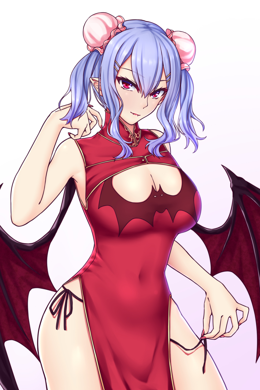 1girl absurdres aged_up alternate_costume alternate_hairstyle bad_id bad_nicoseiga_id bare_arms bare_shoulders bat_wings black_panties blue_hair breasts bun_cover china_dress chinese_clothes cleavage commentary covered_navel cowboy_shot double_bun dress fangs fangs_out female_focus gradient_background hair_between_eyes hair_bun hair_ornament hairclip hand_up highres large_breasts long_hair looking_at_viewer nail_polish panties pelvic_curtain pointy_ears purple_background red_dress red_eyes red_nails remilia_scarlet side-tie_panties side_slit sidelocks sleeveless sleeveless_dress smile solo standing touhou twintails underwear untied_panties white_background wings zellam