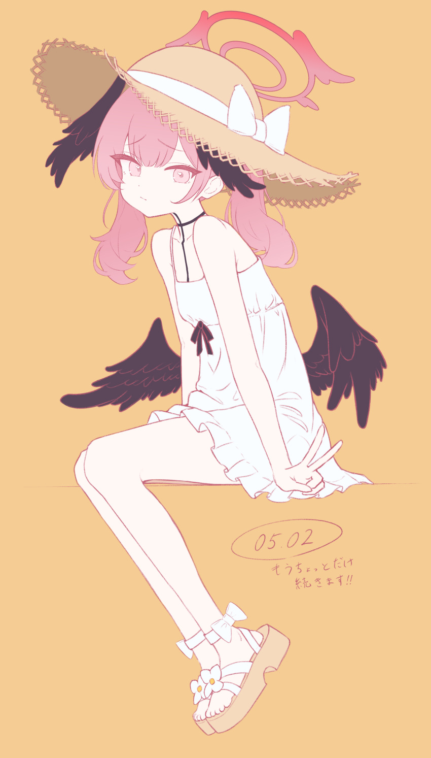 1girl absurdres alternate_costume blue_archive body_markings bow dated dress flat_chest frown full_body halo hat hat_bow head_wings highres koharu_(blue_archive) legs looking_at_viewer low_twintails low_wings medium_hair multiple_wings pink_eyes pink_hair pink_halo rns sandals simple_background sitting solo straw_hat sundress thighs twintails v white_dress wings yellow_background
