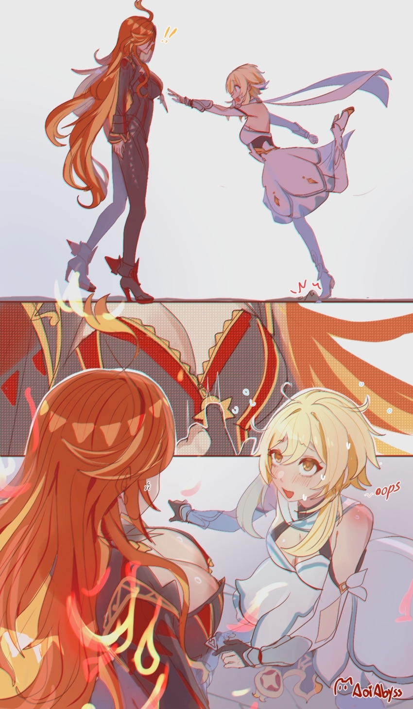 2girls accident accidental_pervert ahoge aoiabyss bare_shoulders biker_clothes bikesuit black_bodysuit blonde_hair bodysuit breasts cleavage clumsy dress falling flower genshin_impact hair_between_eyes hair_flower hair_ornament height_difference high_heels highres long_hair lumine_(genshin_impact) mavuika_(genshin_impact) multicolored_hair multiple_girls orange_hair red_hair short_hair short_hair_with_long_locks sidelocks tripping two-tone_hair unlikely_accident very_long_hair white_dress yellow_eyes