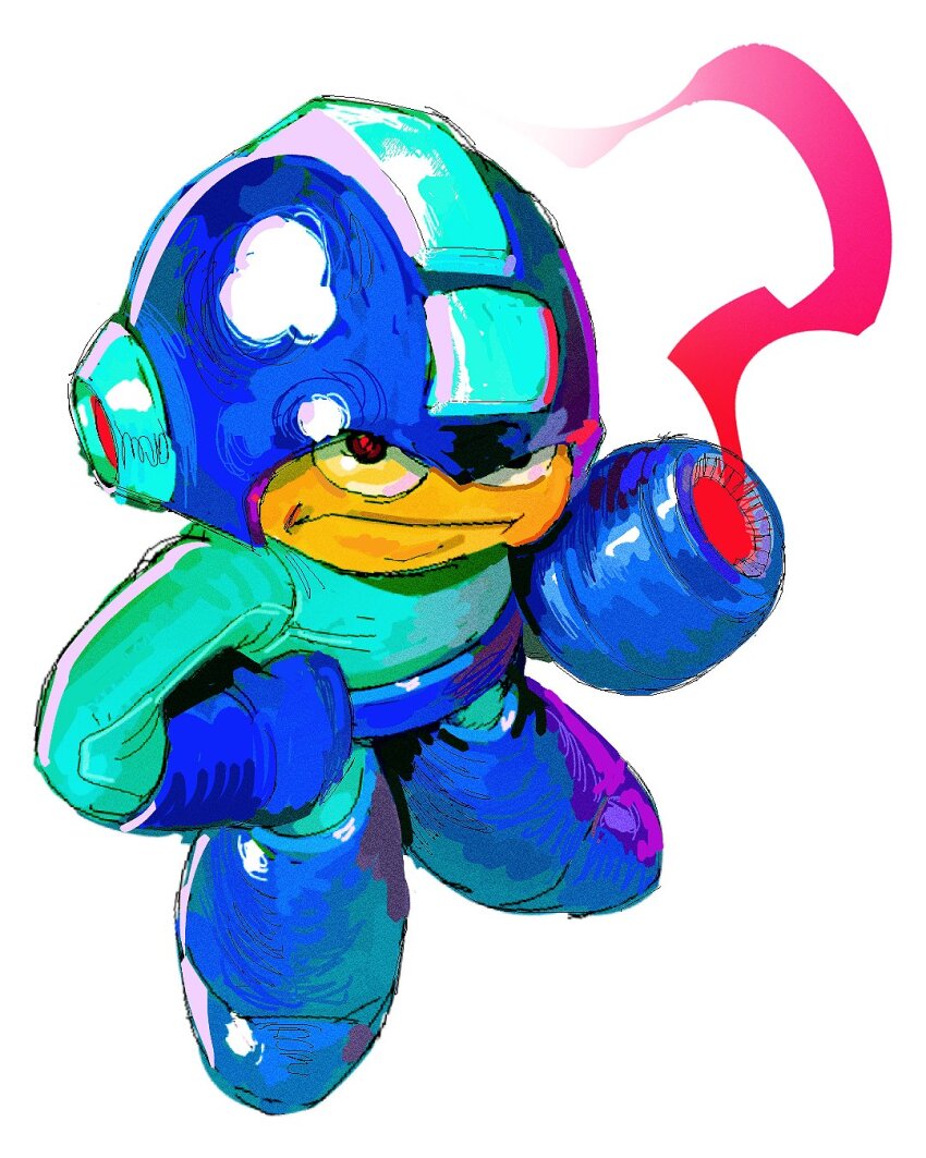 1boy alternate_eye_color alternate_height alternate_size alternate_skin_color android arm_cannon blue_bodysuit blue_boots blue_helmet bodysuit boots clenched_hand colored_skin from_above frown full_body gun hand_on_own_hip helmet highres knee_boots light_trail looking_at_viewer looking_up male_focus mega_man_(character) mega_man_(classic) mega_man_(series) red_eyes redesign rondangersolo satire serious simple_background smoke smoke_trail smoking_barrel solo standing weapon white_background yellow_skin