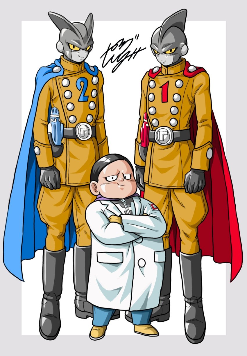 3boys belt black_hair blue_cape boots cape closed_mouth colored_sclera colored_skin crossed_arms dr._hedo dragon_ball dragon_ball_super dragon_ball_super_super_hero full_body gamma_1 gamma_2 gloves grey_skin gun highres lab_coat looking_at_viewer male_focus multiple_boys red_cape serious signature smile superhero_costume weapon yellow_sclera youngjijii