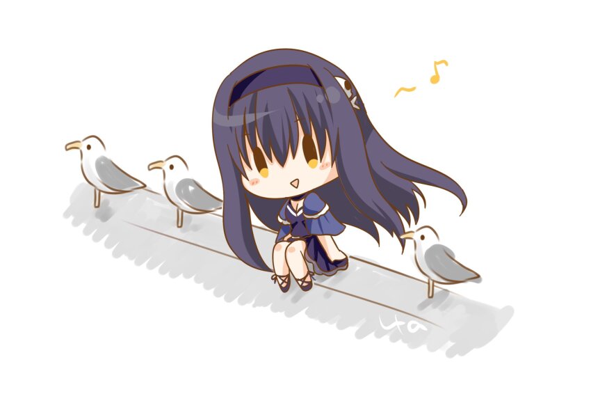 1girl bird black_hair blue_capelet blue_dress blue_hairband blush bone_hair_ornament breasts capelet chibi cleavage dress frilled_capelet frills full_body hair_ornament hairband highres kushima_kamome long_hair looking_at_viewer musical_note open_mouth seagull shoes simple_background sitting skull_and_crossbones skull_hair_ornament solo summer_pockets ura_(ura-tennislove) white_background yellow_eyes