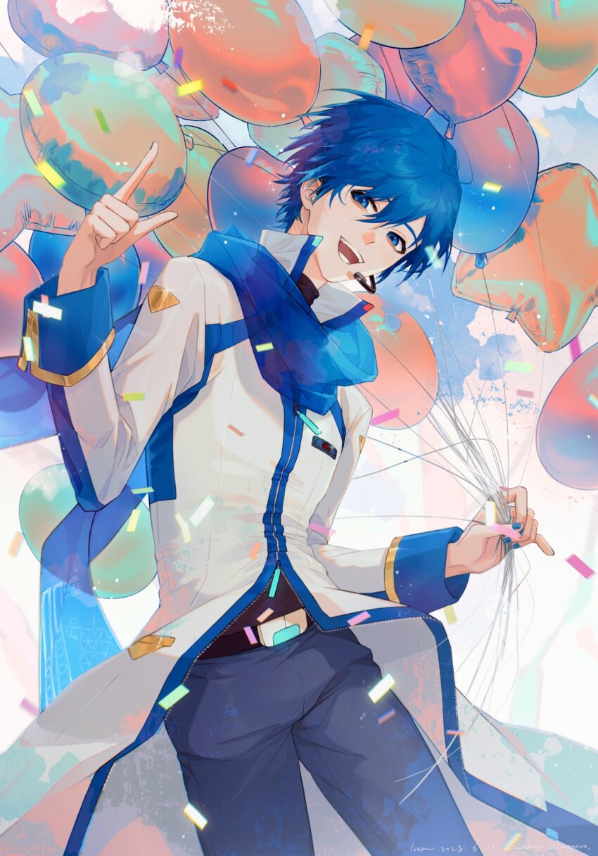 1boy analogous_colors arms_at_sides balloon belt black_belt black_sweater blue_eyes blue_hair blue_nails blue_pants blue_scarf blue_sleeve_cuffs blue_theme coat color_contrast confetti cowboy_shot facing_viewer fingernails glint gold_trim grin hair_between_eyes half-closed_eyes hand_up headset heart_balloon high_collar highres holding holding_balloon index_finger_raised kaito_(vocaloid) kaito_(vocaloid3) light_particles male_focus motion_blur open_mouth pants parted_bangs partially_unzipped scarf see-through_clothes see-through_scarf sideways_glance simple_background sleeve_cuffs smile sparkle splatter_background star_balloon sweater teeth tsurime turtleneck turtleneck_sweater vocaloid white_background white_coat wispy_bangs zhiyunxiaojing zipper zipper_pull_tab