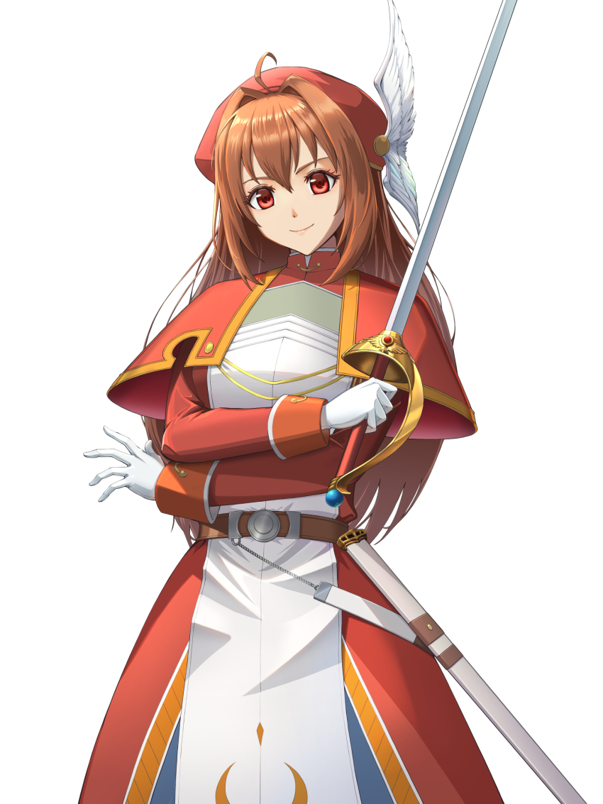 1girl ahoge antenna_hair breasts brown_hair capelet chiga_akira double-parted_bangs eiyuu_densetsu estelle_bright gloves hair_between_eyes hat hat_feather highres holding holding_sword holding_weapon large_breasts rapier red_eyes sheath sidelocks simple_background smile solo sora_no_kiseki sword weapon white_background white_gloves
