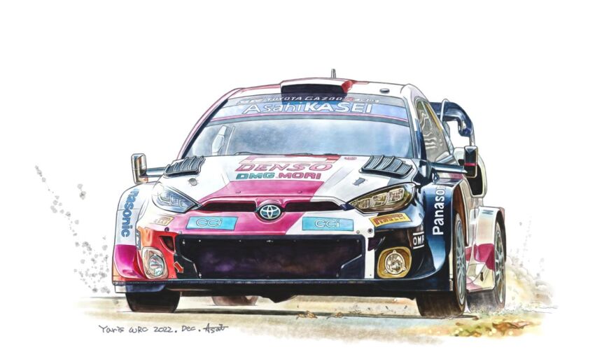 2022 artist_name asai_takashi car dirt english_text motor_vehicle original painting_(medium) toyota toyota_gr_yaris traditional_media vehicle_focus white_background world_rally_championship