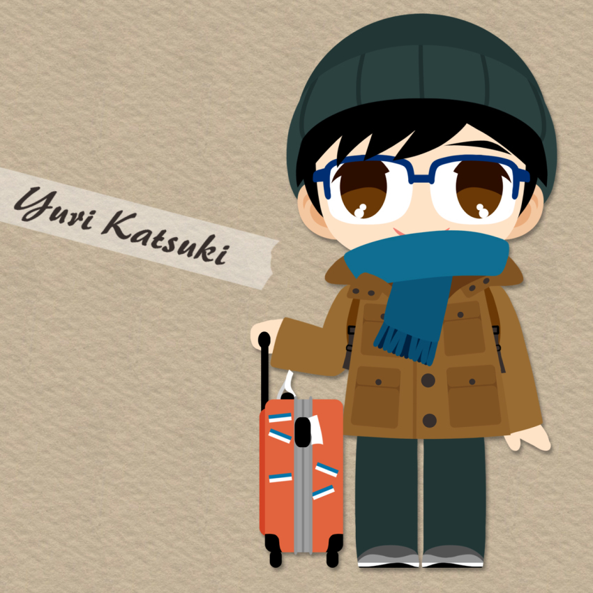1boy black_hair blue-framed_eyewear blue_scarf brown_eyes character_name coat glasses hat highres kaorin_minogue katsuki_yuuri male_focus scarf smile suitcase yuri!!!_on_ice
