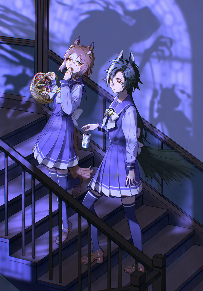 2girls air_shakur_(umamusume) animal_ears back_bow basket black_hair bow bowtie brown_hair brown_shoes can clover_hair_ornament commentary eyebrow_piercing fine_motion_(umamusume) from_side hair_between_eyes hair_ornament harapekopoppo highres holding holding_basket holding_can horse_ears horse_girl horse_tail horseshoe_ornament large_bow loafers long_hair long_sleeves multiple_girls piercing pleated_skirt purple_serafuku purple_shirt purple_skirt purple_thighhighs sailor_collar sailor_shirt school_uniform serafuku shadow shirt shoes skirt stairs symbol-only_commentary tail thighhighs tracen_school_uniform umamusume white_bow white_bowtie white_hair yellow_eyes
