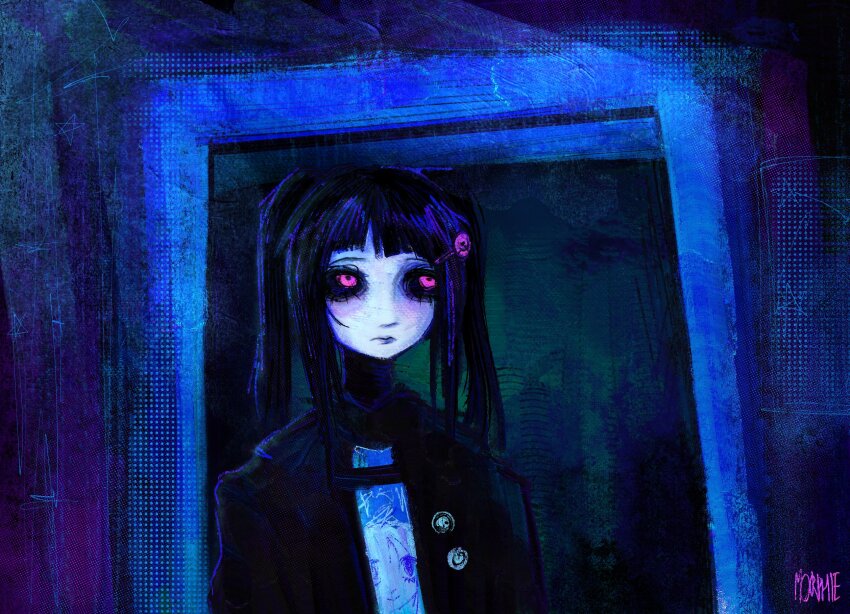 1girl artist_name averting_eyes ben-day_dots black_jacket black_sclera blue_light blue_shirt blue_theme blush character_print closed_mouth colored_sclera communism crimescenepartz dark_room doorway eyeshadow faux_traditional_media goth_fashion hair_ornament hammer_and_sickle highres impasto indoors jacket lapel_pin layered_clothes light_frown lips makeup medium_hair open_clothes open_jacket painterly peripeteia pink_eyes print_shirt screentones shirt skull_ornament skull_pin solo standing star_(symbol) t-shirt two_side_up upper_body upturned_eyes