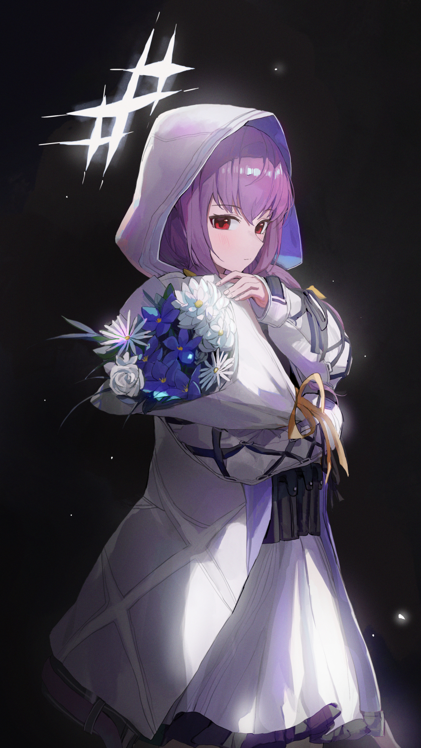 1girl absurdres atsuko_(blue_archive) blue_archive blue_flower blush bouquet bulletproof_vest closed_mouth dress flower hair_between_eyes halo highres holding holding_bouquet hood hood_up jianjia light_smile long_hair looking_at_viewer purple_hair red_eyes solo white_dress white_flower white_halo