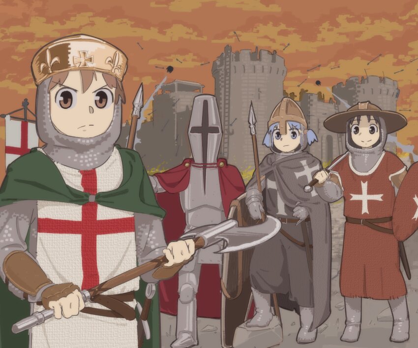 3girls aioi_yuuko armor arrow_(projectile) axe battle belt black_coat blue_eyes blue_hair brown_belt brown_eyes brown_hair castle chainmail closed_mouth coat frown fubarmoe hair_through_headwear hand_on_hilt helm helmet highres holding holding_axe holding_polearm holding_shield holding_sword holding_weapon kettle_helm looking_at_viewer multiple_girls naganohara_mio nichijou orange_sky outdoors polearm scabbard sheath sheathed shield shinonome_nano short_hair sky smile spear stronghold:_crusader stronghold_(series) surcoat sword twintails two-handed weapon