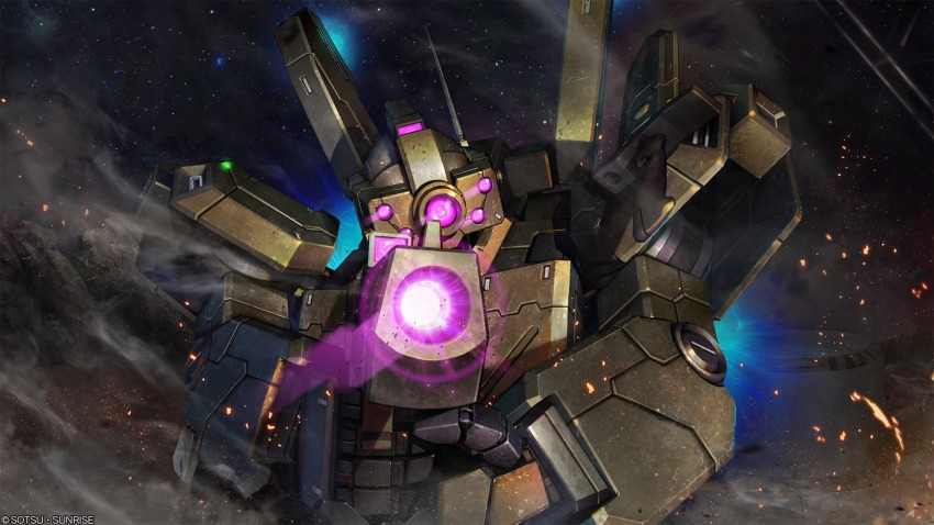 absurdres aiming aiming_at_viewer assault_visor copyright_logo debris dust_cloud energy_beam energy_gun exposed_internal_machinery glowing gundam gundam_battle_operation_2 gundam_unicorn highres jegan jegan_ecoas_type lens_flare machinery mecha mecha_focus mobile_suit no_humans official_art painting_(medium) radio_antenna ray_gun realistic robot scan science_fiction space sunrise_(company) tenjin_hidetaka traditional_media upper_body weapon