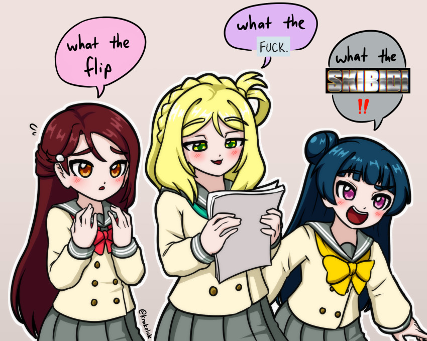 3girls :3 :d aqua_neckerchief blonde_hair blue_hair blunt_bangs blush bow bowtie braid buttons bxsql_wtf_trio_(meme) colored_speech_bubble commentary crown_braid d: dark_blue_hair double-breasted english_commentary flying_sweatdrops green_eyes grey_background grey_sailor_collar grey_skirt guilty_kiss_(love_live!) hair_bun hair_rings hands_up highres holding holding_paper krakelak long_hair long_sleeves love_live! love_live!_sunshine!! miniskirt multiple_girls neckerchief ohara_mari open_mouth orange_eyes paper pink_eyes pleated_skirt raised_eyebrow red_bow red_bowtie red_hair sailor_collar sakurauchi_riko school_uniform serafuku shirt single_hair_ring single_side_bun skirt smile speech_bubble teeth tsushima_yoshiko twitter_username upper_body upper_teeth_only uranohoshi_school_uniform white_shirt winter_uniform yellow_bow yellow_bowtie zoomer_slang