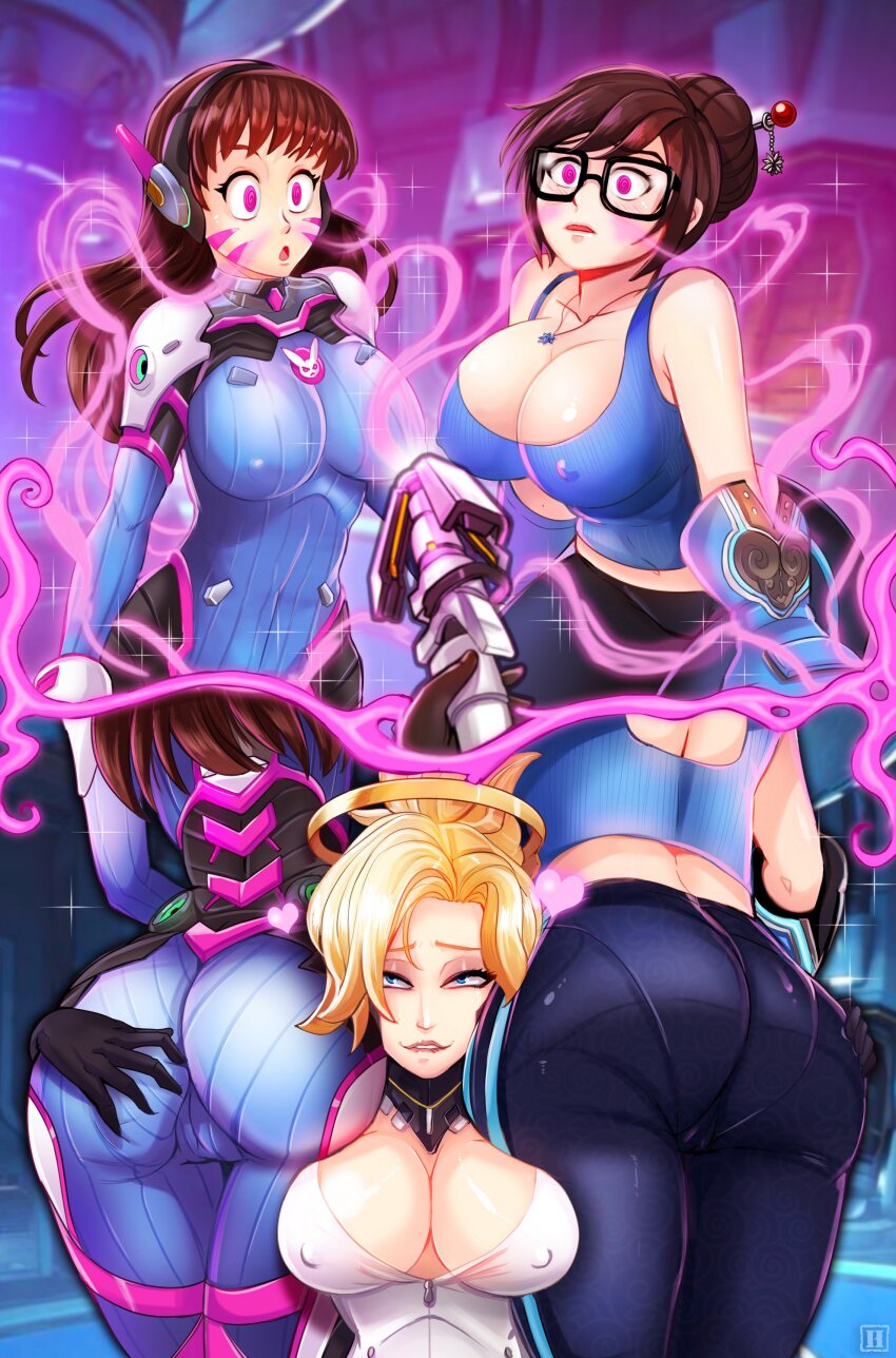 3girls absurdres ass blonde_hair blue_eyes bodysuit breasts brown_hair cameltoe cleavage d.va_(overwatch) dat_ass_(meme) facial_mark female_focus female_pervert girl_sandwich glasses gloves grabbing_another&#039;s_ass groping hair_bun halo heart highres hmage jewelry large_breasts long_hair mei_(overwatch) mercy_(overwatch) mind_control multiple_girls necklace overwatch overwatch_1 pants pervert pink_eyes ponytail sandwiched smelling staff sweatpants tank_top yuri