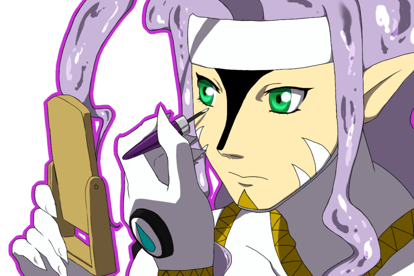 1boy digimon digimon_(creature) green_eyes male_focus mirror pointy_ears solo splashmon