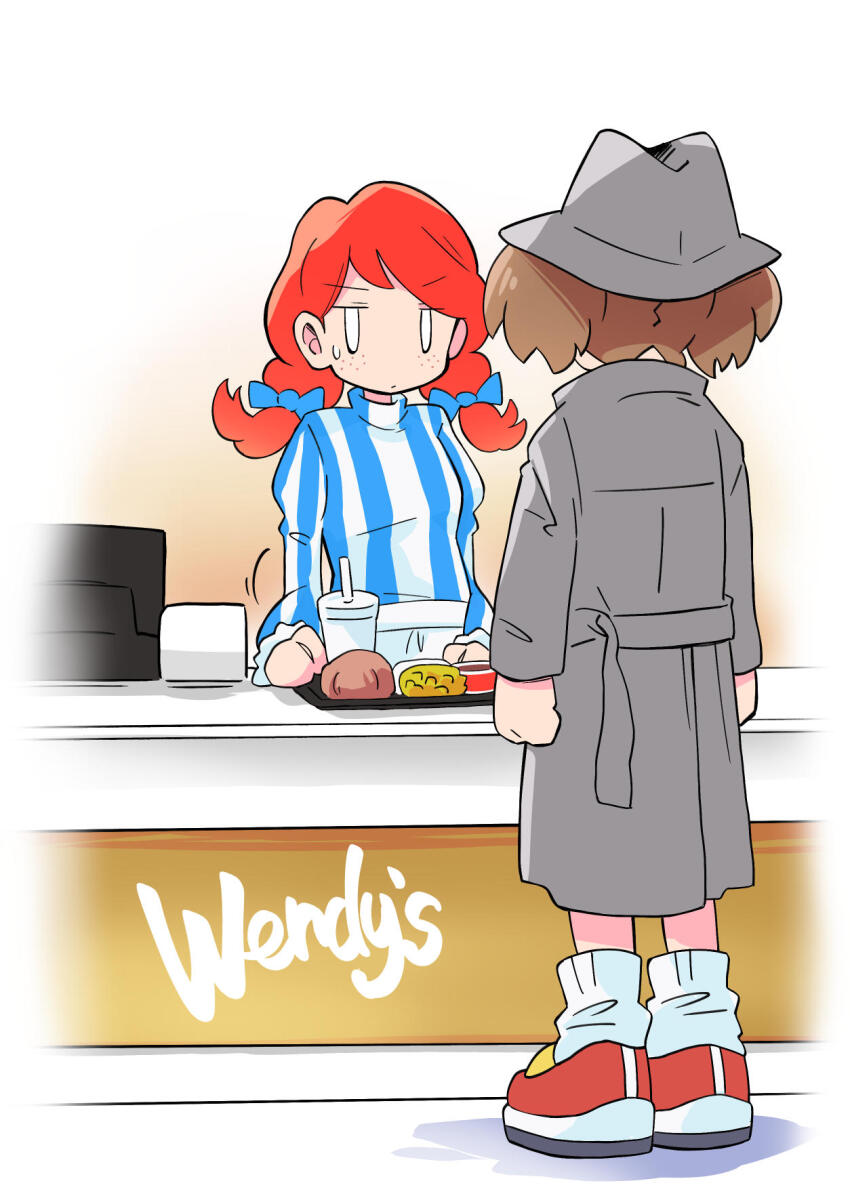 0_0 2girls blue_dress bow braid brown_hair coat commentary_request counter crossover disguise imadake_dabuchi_tabemi dress fast_food fedora food freckles grey_coat hair_bow hat highres jitome mcdonald&#039;s multiple_girls rascal_(feuille) red_hair restaurant revision shoes short_twintails slippers small_sweatdrop socks standing striped_clothes striped_dress trench_coat twin_braids twintails wendy&#039;s wendy_(wendy&#039;s) white_socks