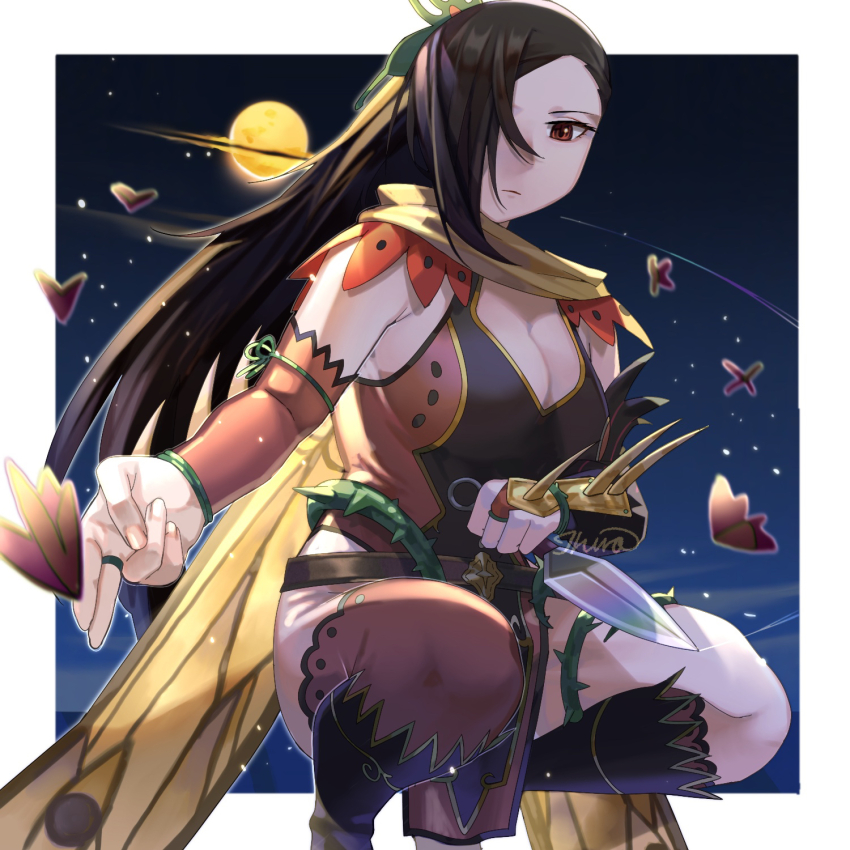 1girl asymmetrical_legwear boots border breasts brown_eyes brown_hair cape cleavage dagger dress expressionless fire_emblem fire_emblem_fates fire_emblem_heroes foreshortening hair_ornament hair_over_one_eye hand_gesture highres holding holding_dagger holding_knife holding_weapon ikura_(downdexp) kagero_(fire_emblem) kagero_(resplendent)_(fire_emblem) knee_boots knife large_breasts long_hair looking_at_viewer nintendo official_alternate_costume plant reverse_grip short_dress single_thighhigh solo thighhighs thorns vines weapon white_border