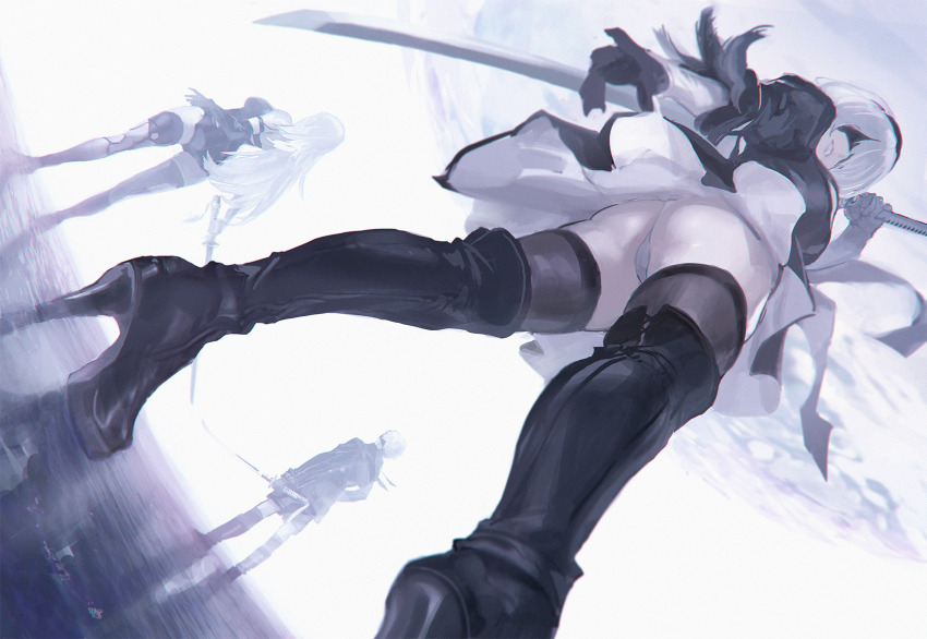 1boy 2b_(nier:automata) 2girls 9s_(nier:automata) a2_(nier:automata) ass black_footwear black_gloves black_hairband black_jacket black_shorts black_thighhighs blindfold boots breasts from_below full_body gloves hairband high_heel_boots high_heels highres holding holding_sword holding_weapon jacket juliet_sleeves long_hair long_sleeves looking_at_viewer maeshima_shigeki medium_breasts multiple_girls nier:automata nier_(series) puffy_sleeves red-eyes_black_dragon short_hair shorts solo_focus sword thigh_boots thighhighs upskirt weapon white_hair