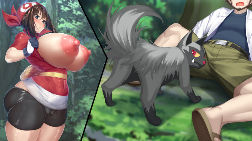 ass bandana belt birch_(pokemon) black_shorts blue_eyes blush breasts breasts_out brown_hair cameltoe creatures_(company) curvy fanny_pack forest game_freak gen_3_pokemon gloves green_shorts head_out_of_frame highres huge_breasts kawahagitei lab_coat may_(pokemon) nature nintendo nipples outdoors pokemon pokemon_(creature) pokemon_rse poochyena puffy_areolae red_bandana self_exposure short_sleeves shorts skindentation slippers thick_thighs thighs